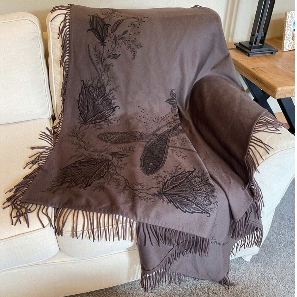 Loro Piana Signed Fabric Throw Brown Botanical Wool Cashmere Blend Fringe Italy